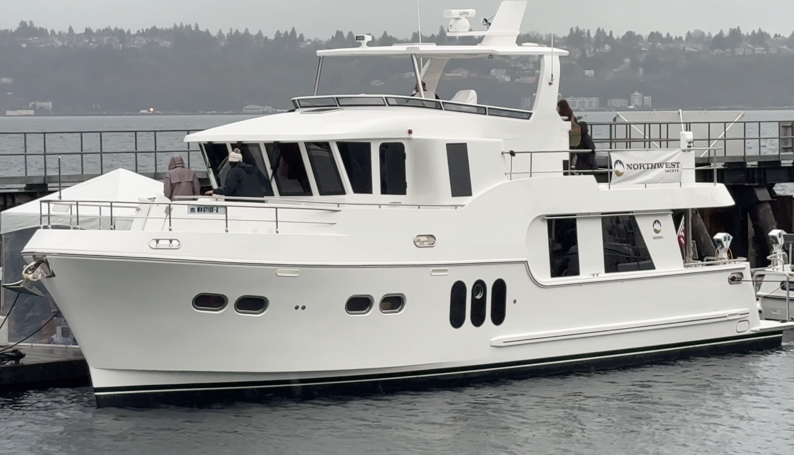 The Northwest 55 expedition, trawler-style yacht docked at the Seattle Boat Show.