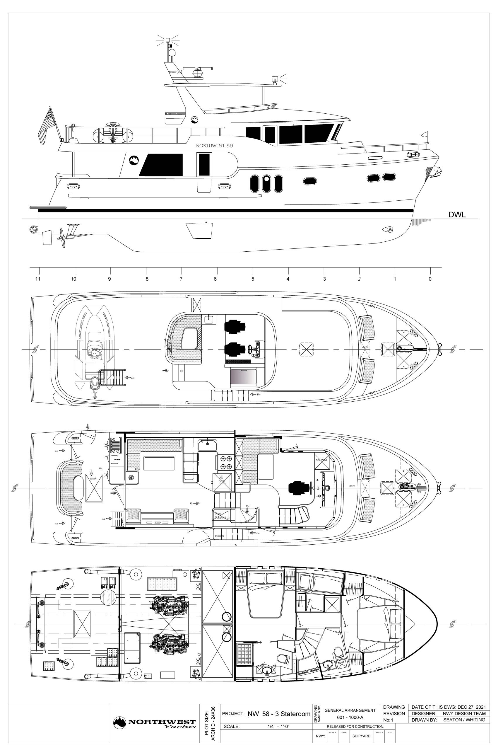 Northwest 58 motor yacht layout and drawing for 2026 model.